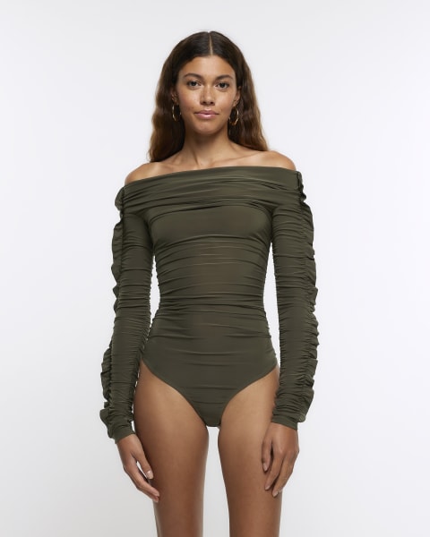 Khaki ruched bardot bodysuit