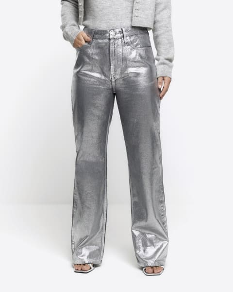 Silver high waisted straight coated jeans