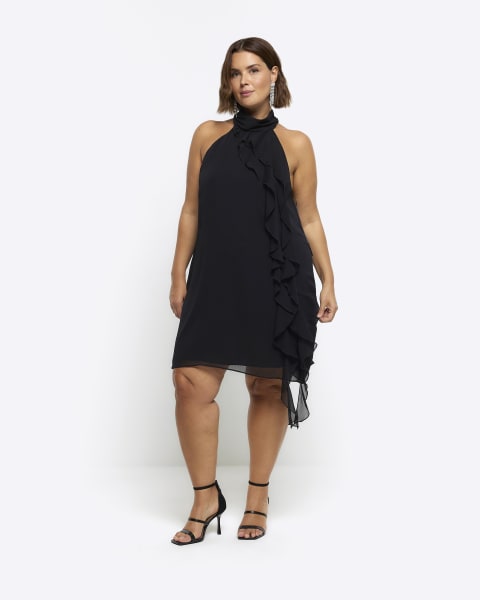 Plus black frill halter shift mini dress