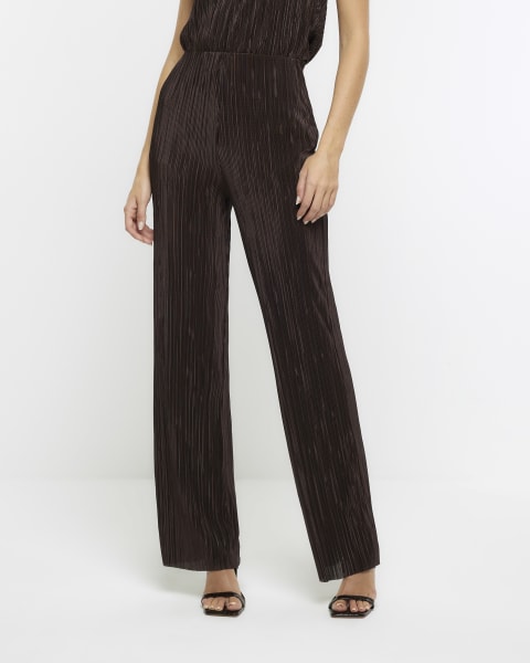 Brown plisse flared trousers