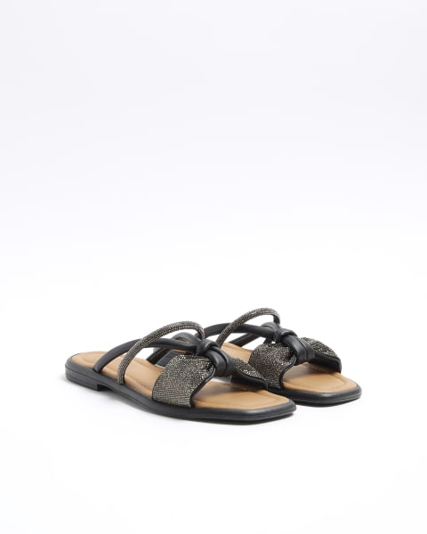 Black diamante bow flat sandals