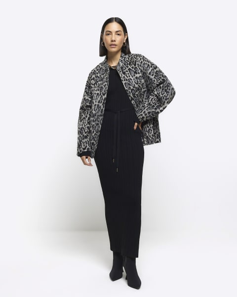 Black rib tie waist jumper maxi dress