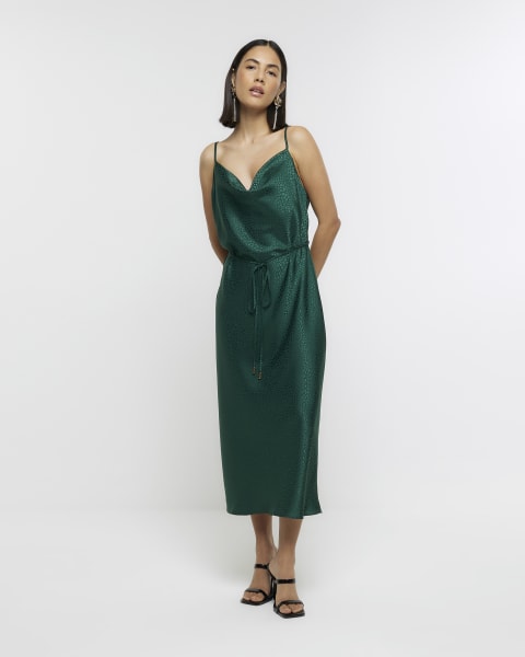 Green cowl neck slip midi dress