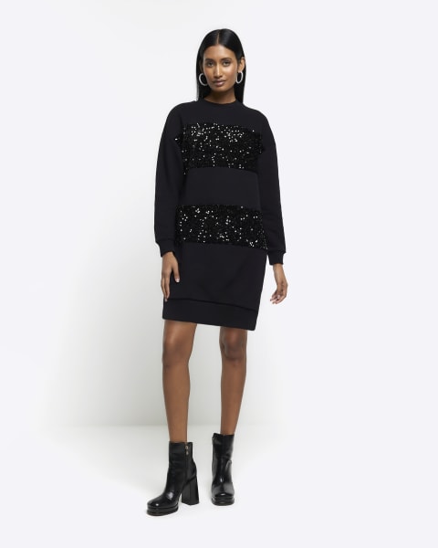Black sequin sweatshirt mini dress