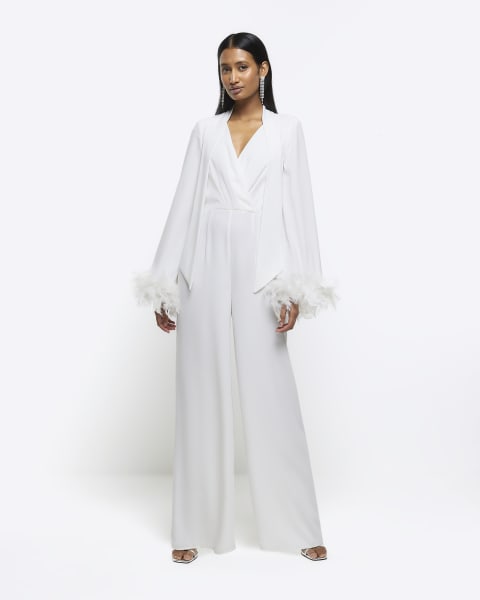 White feather cuff wide leg jumpsuit
