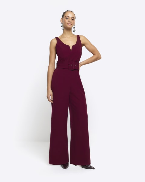 Red belted wide leg jumpsuit