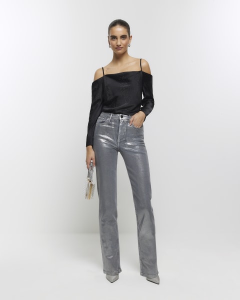 Black satin diamante cold shoulder top