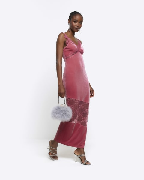 Pink velvet lace slip maxi dress