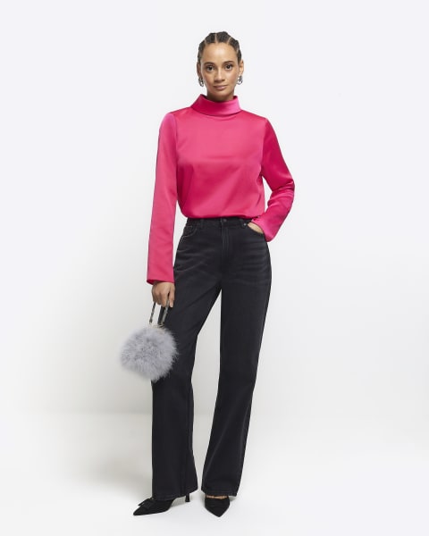 Pink high neck long sleeve blouse
