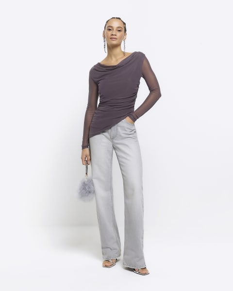 Grey mesh ruched long sleeve blouse