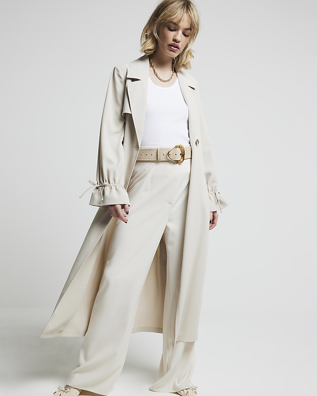 Stone Check Revere Collar Belted Trench Coat