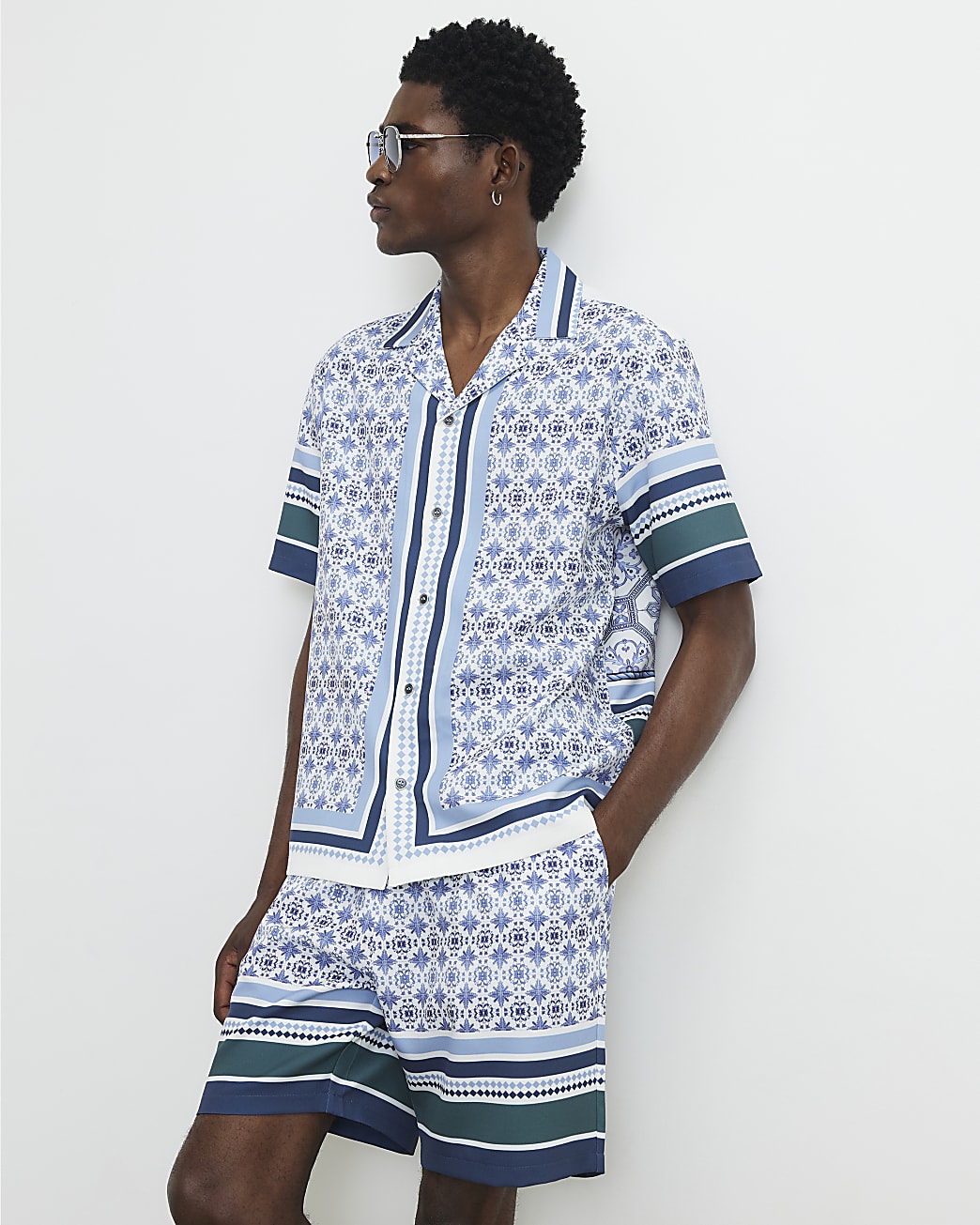Mens Blue Tile Print Shorts