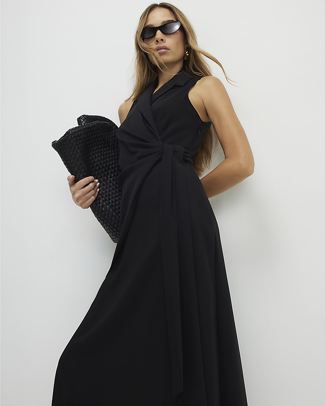 Womens Black Knot Front Wrap Midi Dress