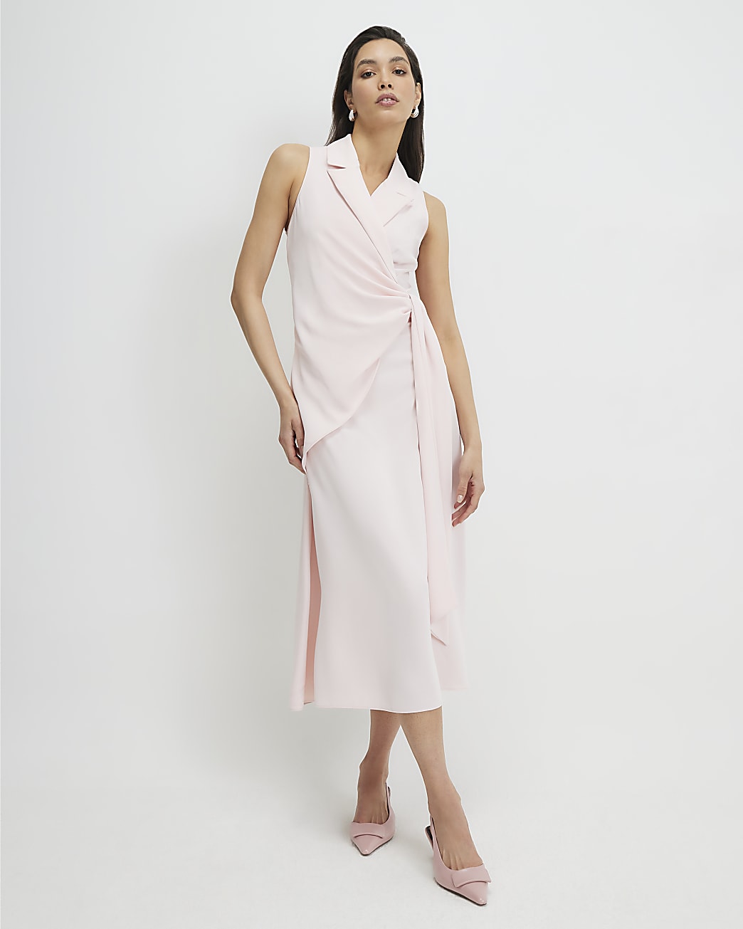 Womens Pink Knot Front Wrap Midi Dress