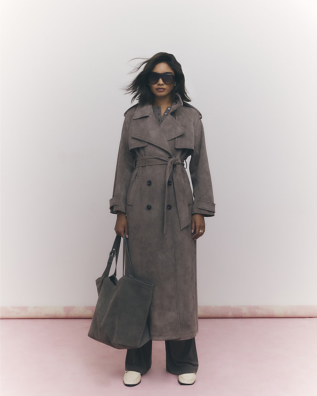Brown Faux Suede Belted Trench Coat