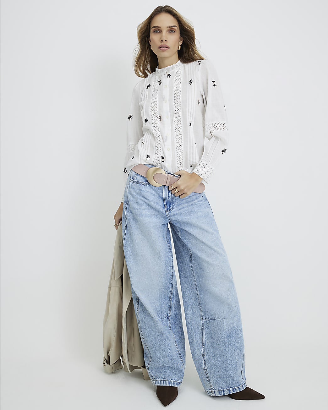 Womens White Floral Embroidered Shirt