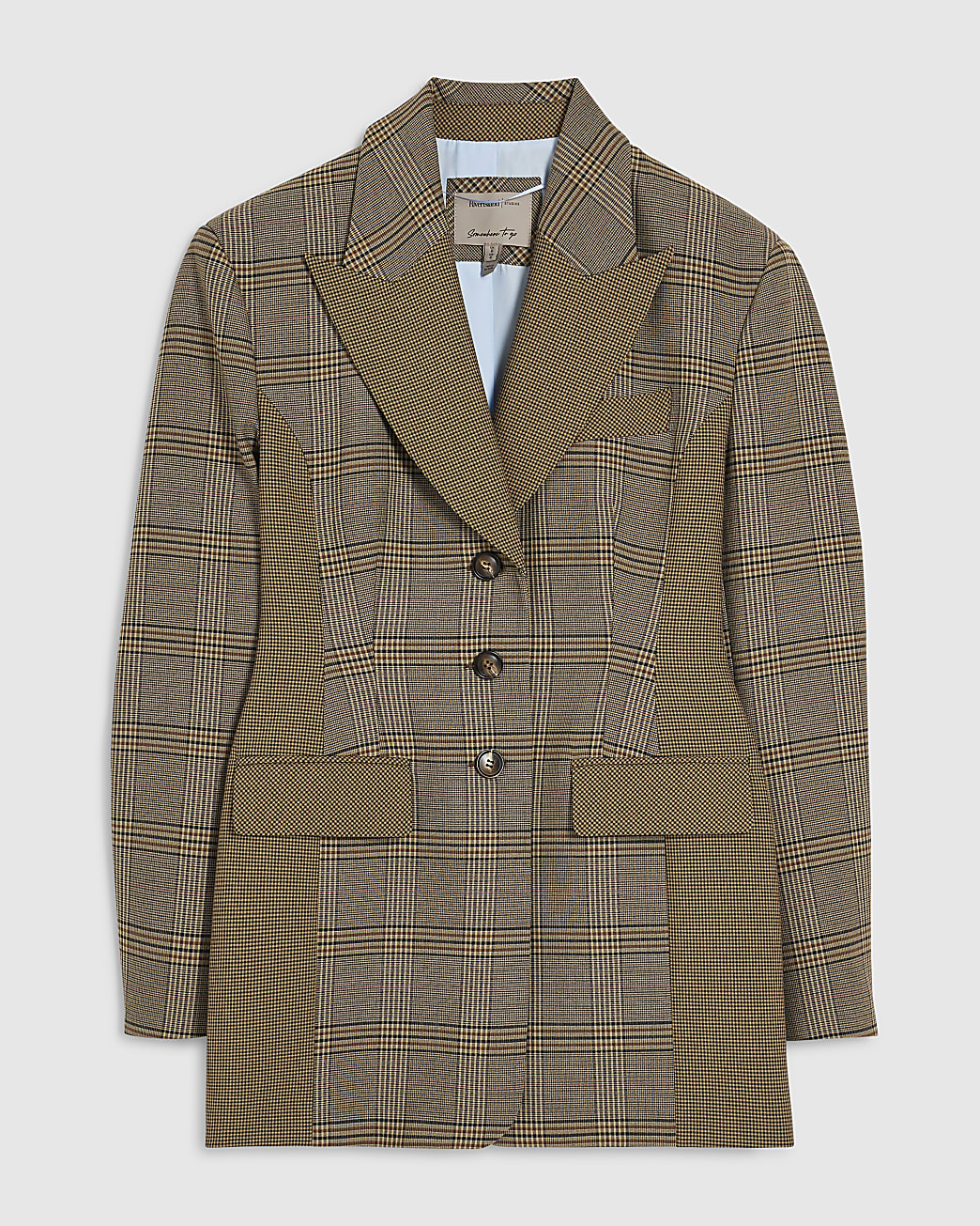 Brown Check Print Fitted Waist Blazer