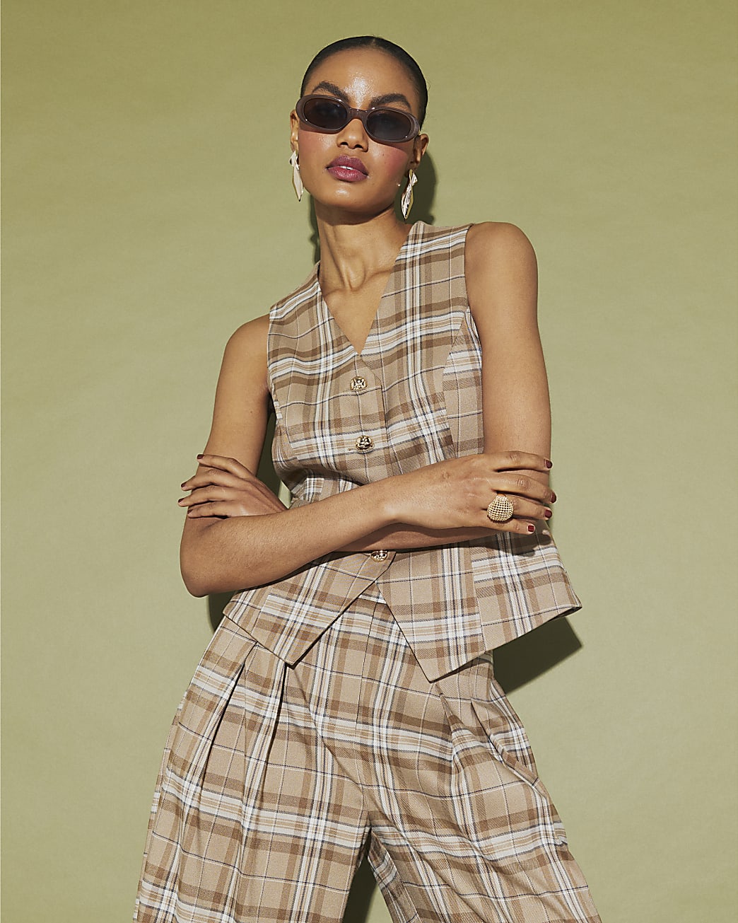Womens Beige Checked Cinched Waist Waistcoat