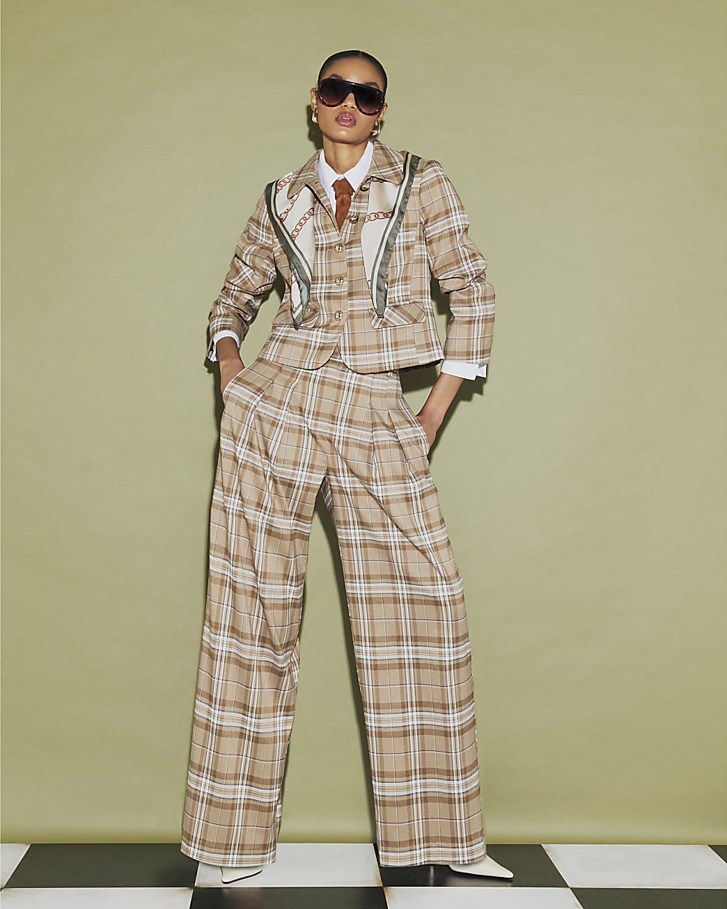 Womens Beige Check Pleated Wide Leg Trousers