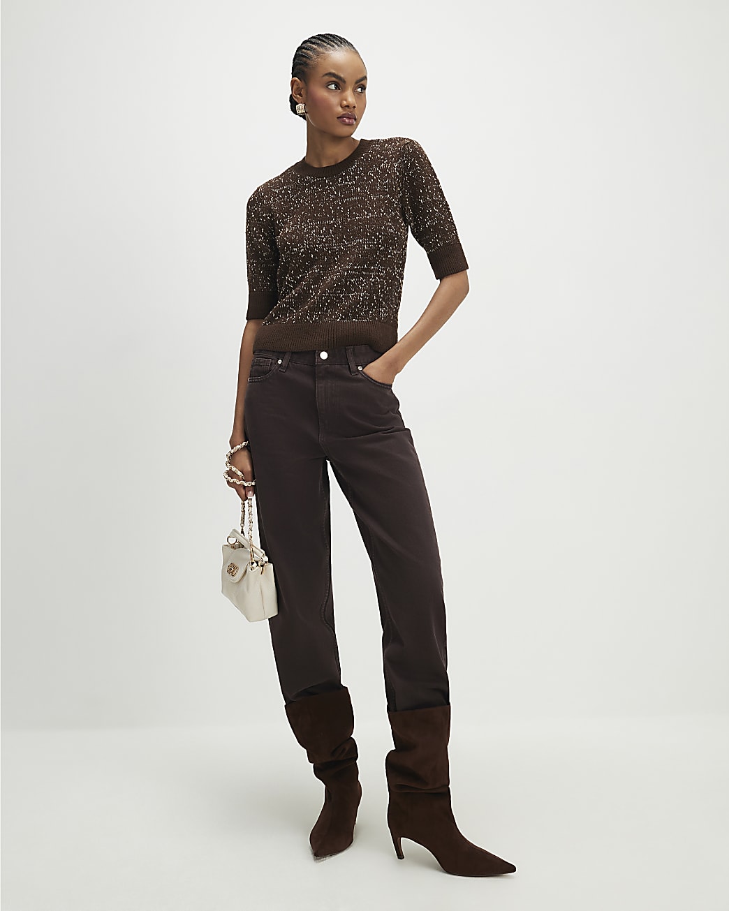 Brown Textured Knit Short Sleeve Top