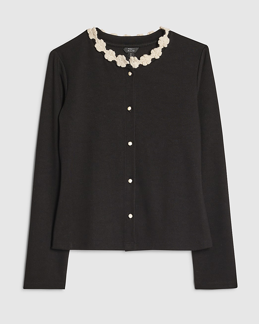 Black Long Sleeve Flower Trim Top