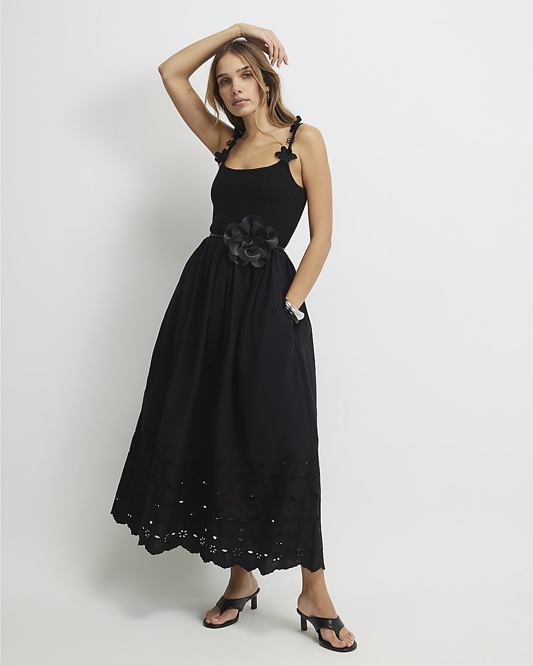 Womens Black Poplin Broderie Tie Back Midi Dress