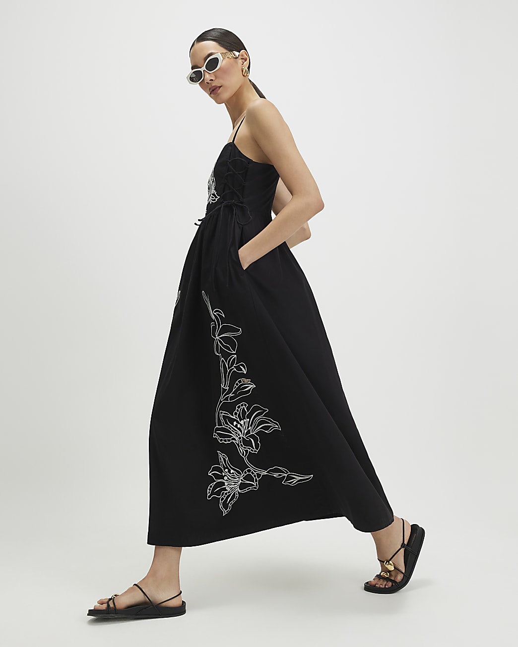 Womens Black Broderie Tie Side Midi Dress