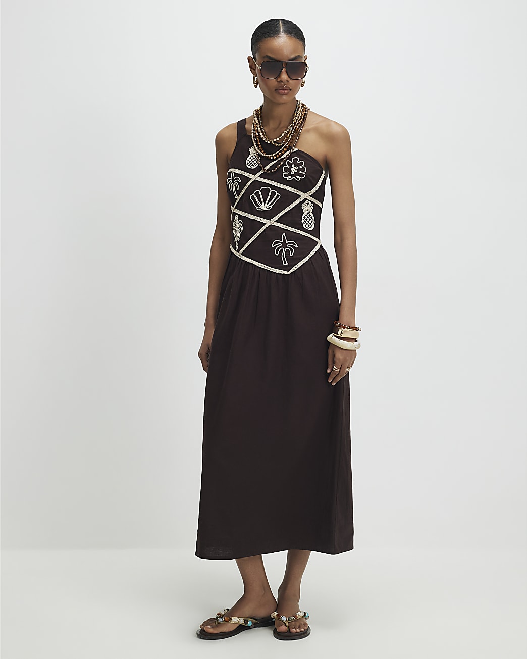 Womens Brown Motif One Shoulder Maxi Dress