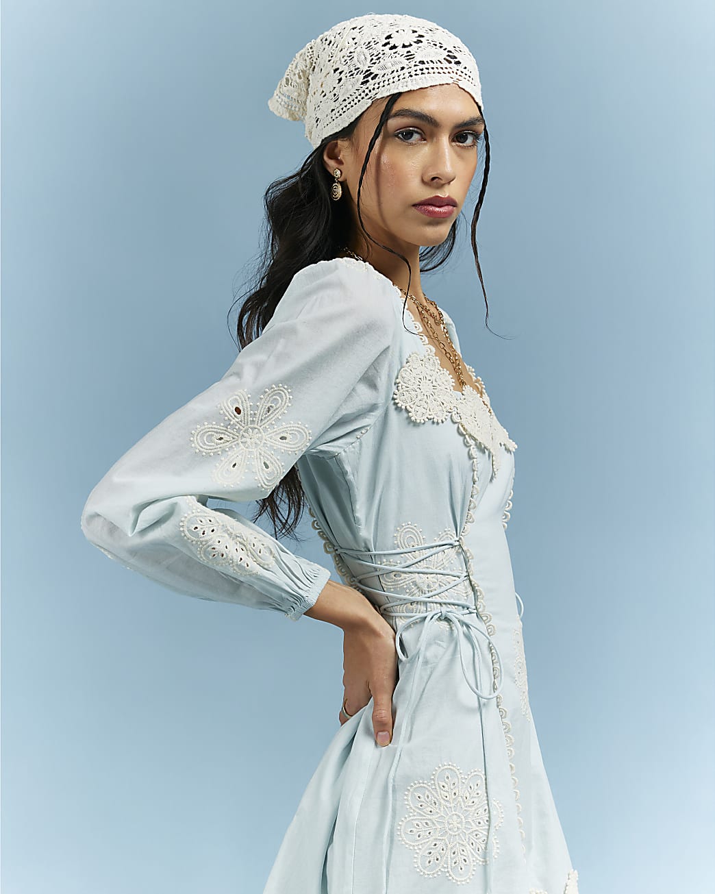 Womens Blue Broderie Daisy Mini Dress