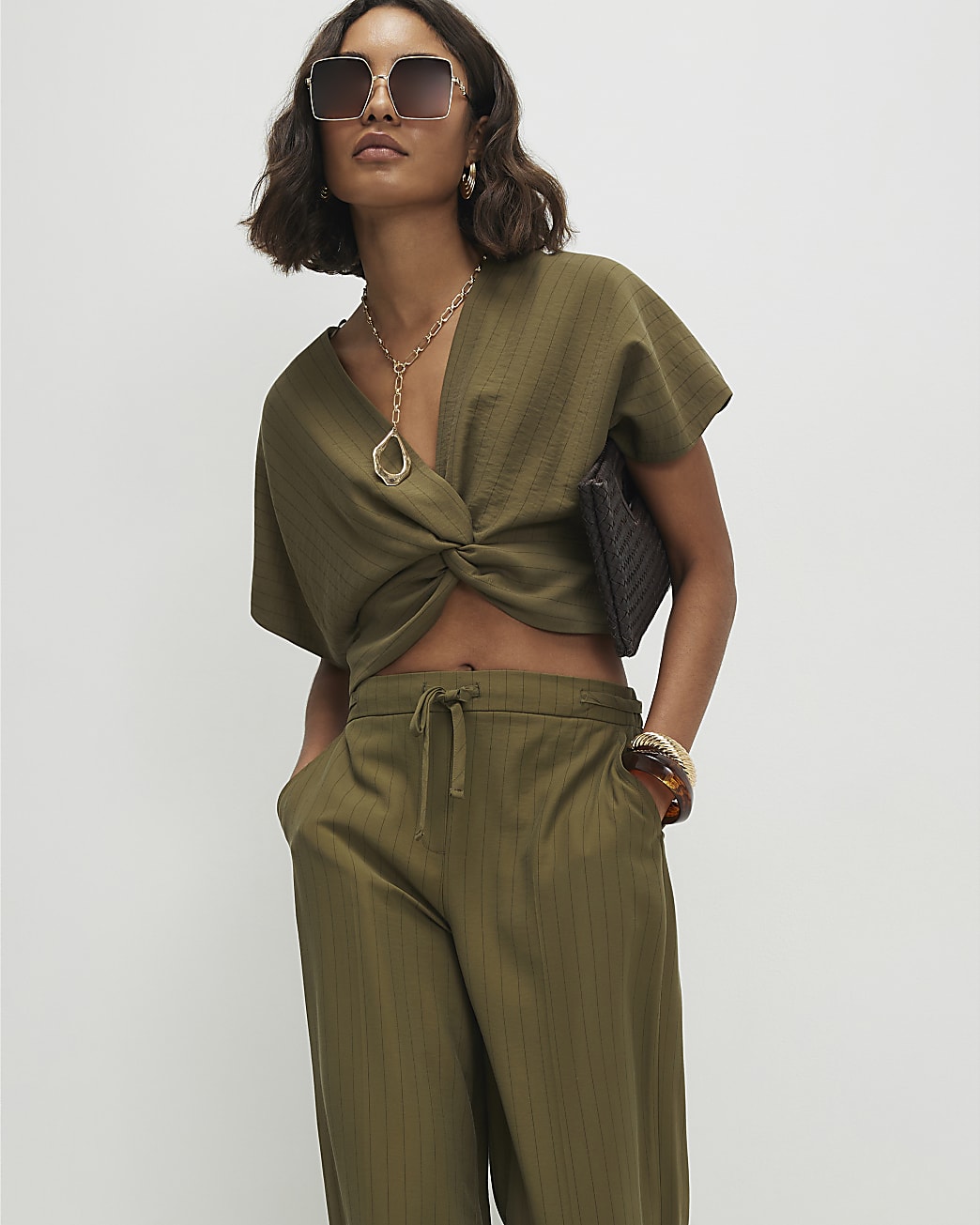 Womens Green Stripe Knot Front Tailored Top