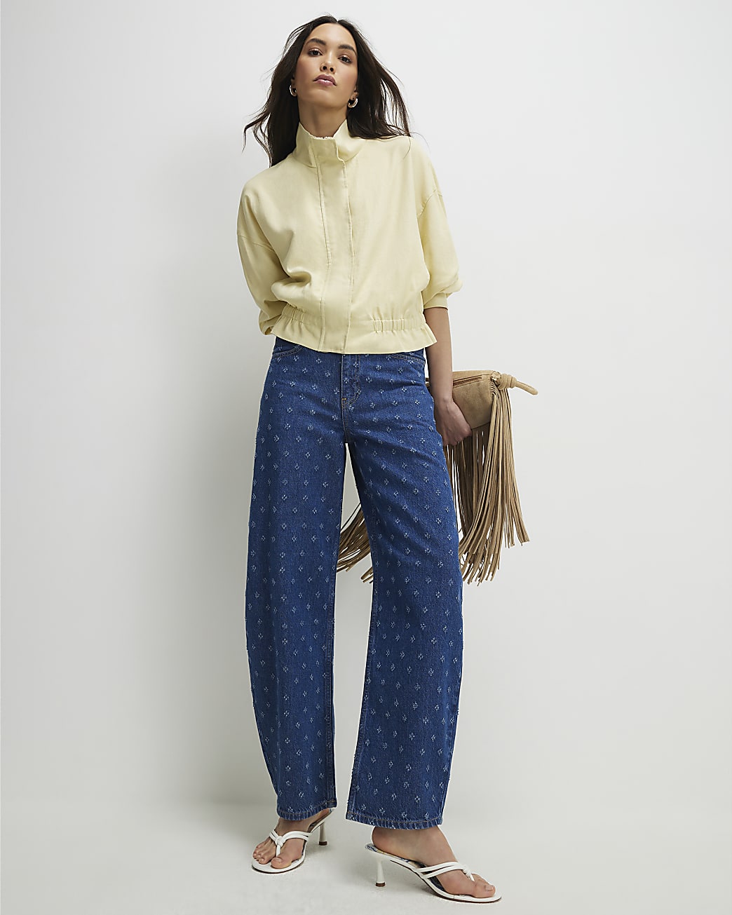 Womens Blue Ditsy Texture Barrel Jeans