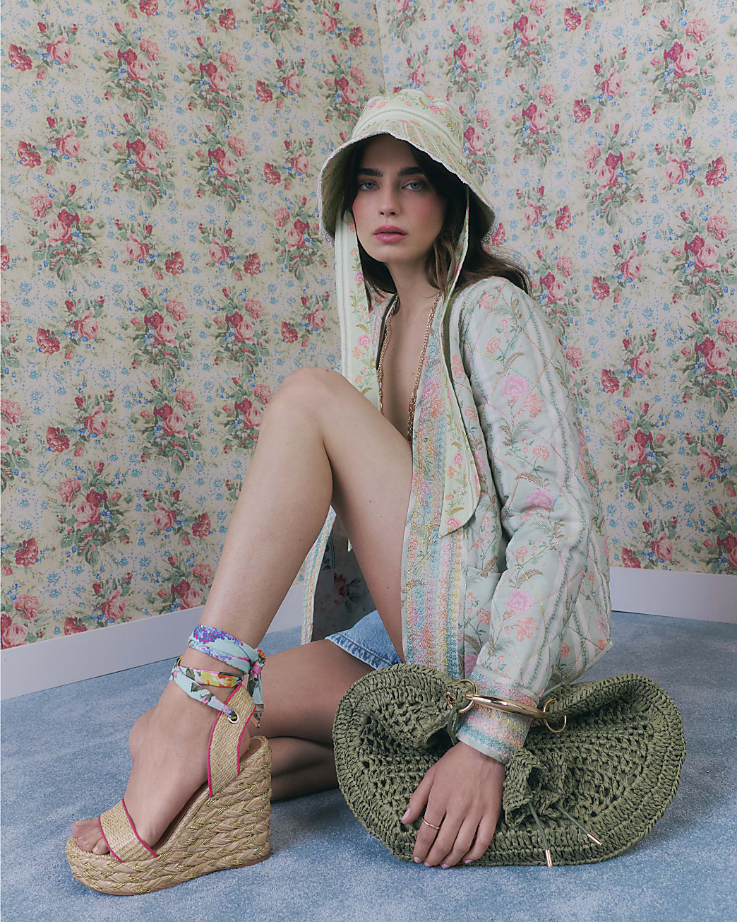 Womens Green Floral Print Housecoat