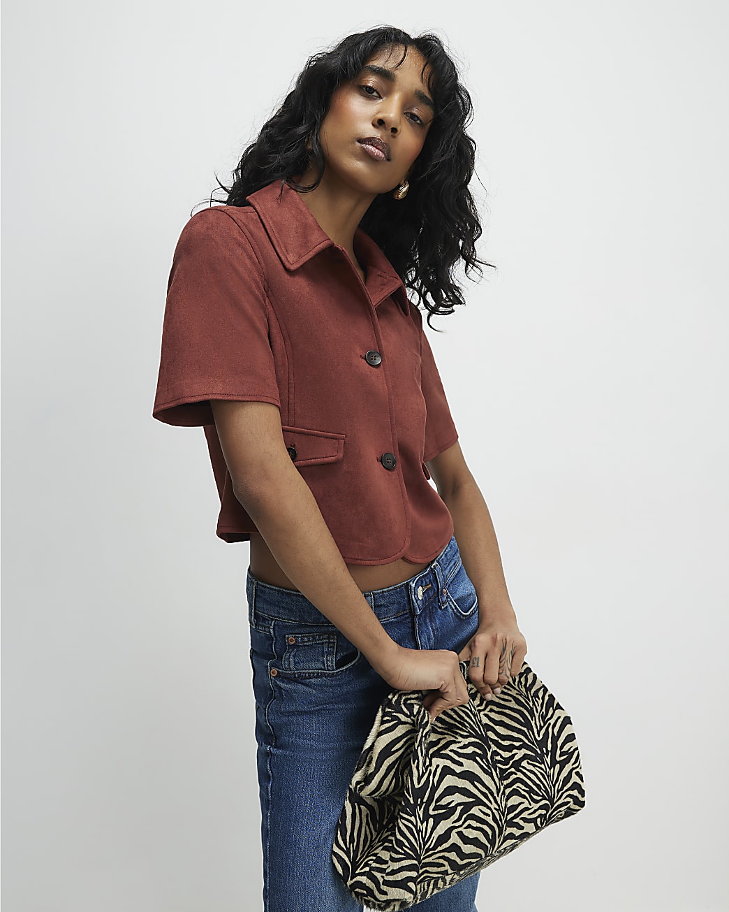 Womens Brown Faux Suede Pocket Detail Shirt