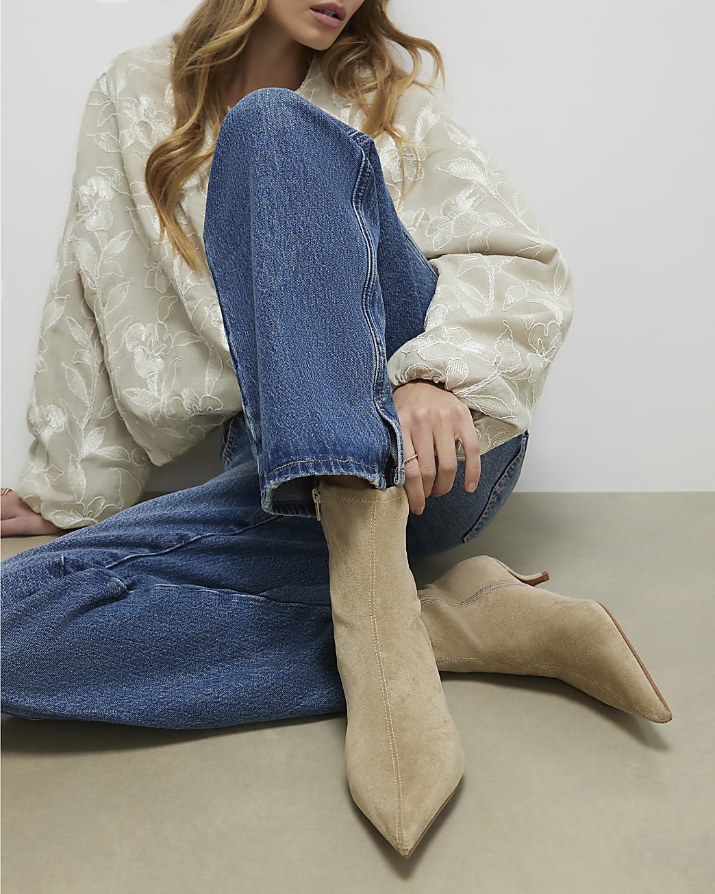 Beige Faux Suede Pointed Toe Sock Boots