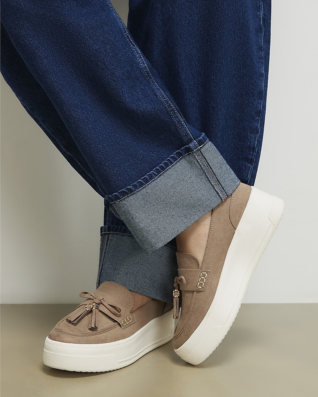 Womens Beige Faux Suede Platform Tassel Trainers