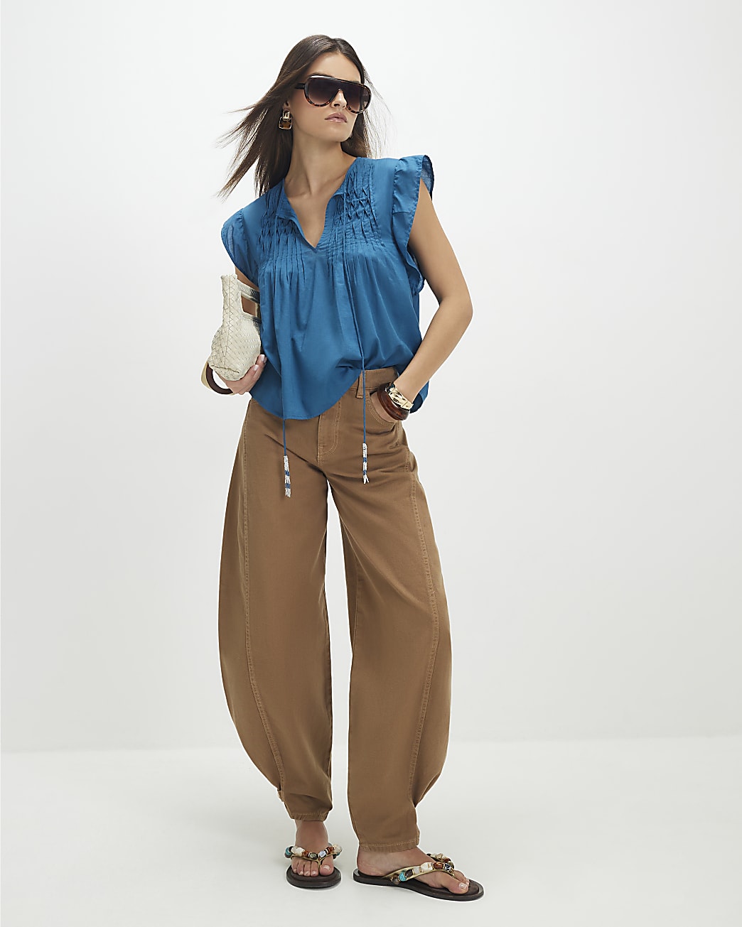 Womens Blue Shirred Tie Neck Top