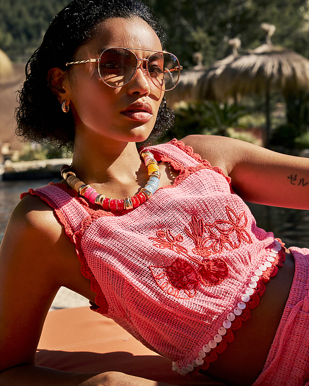 Womens Pink Crochet Cropped Shell Trim Top