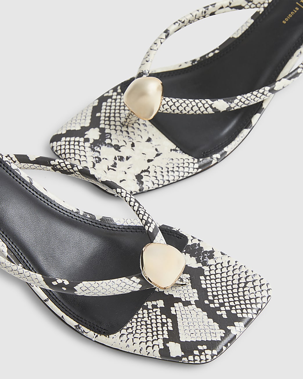 Beige Snake Print Toe Thong Heeled Sandals