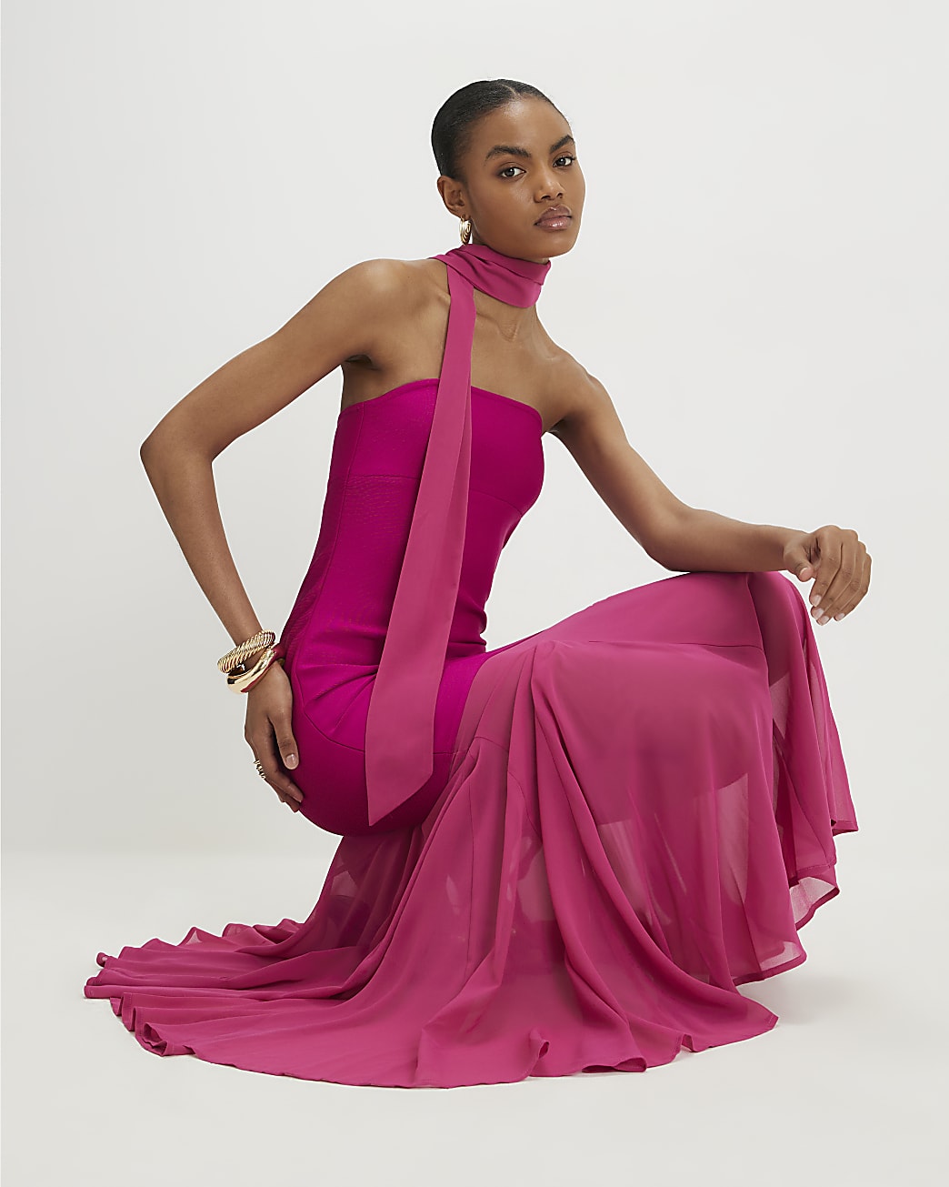 Womens Pink Scarf Bandeau Hybrid Midi Dress