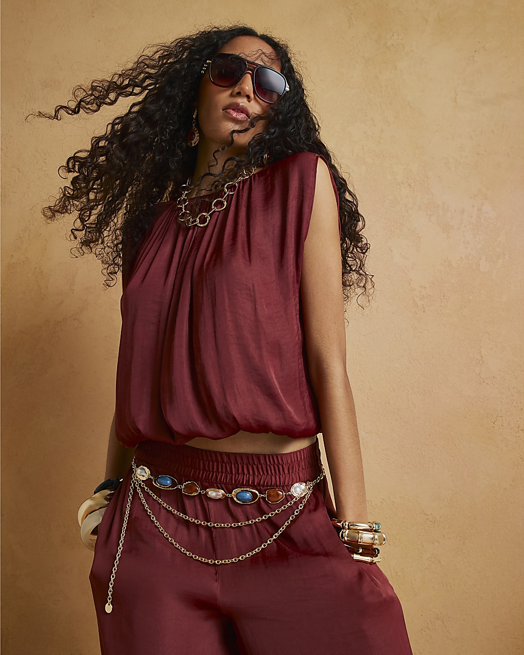 Womens Brown Sleeveless Bubble Hem Top