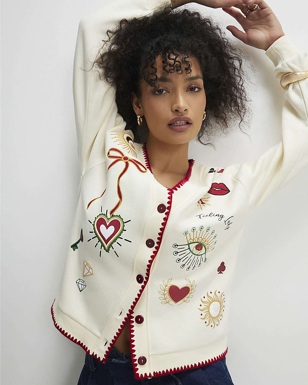Womens Cream Long Sleeve Embroidered Sweat Cardigan