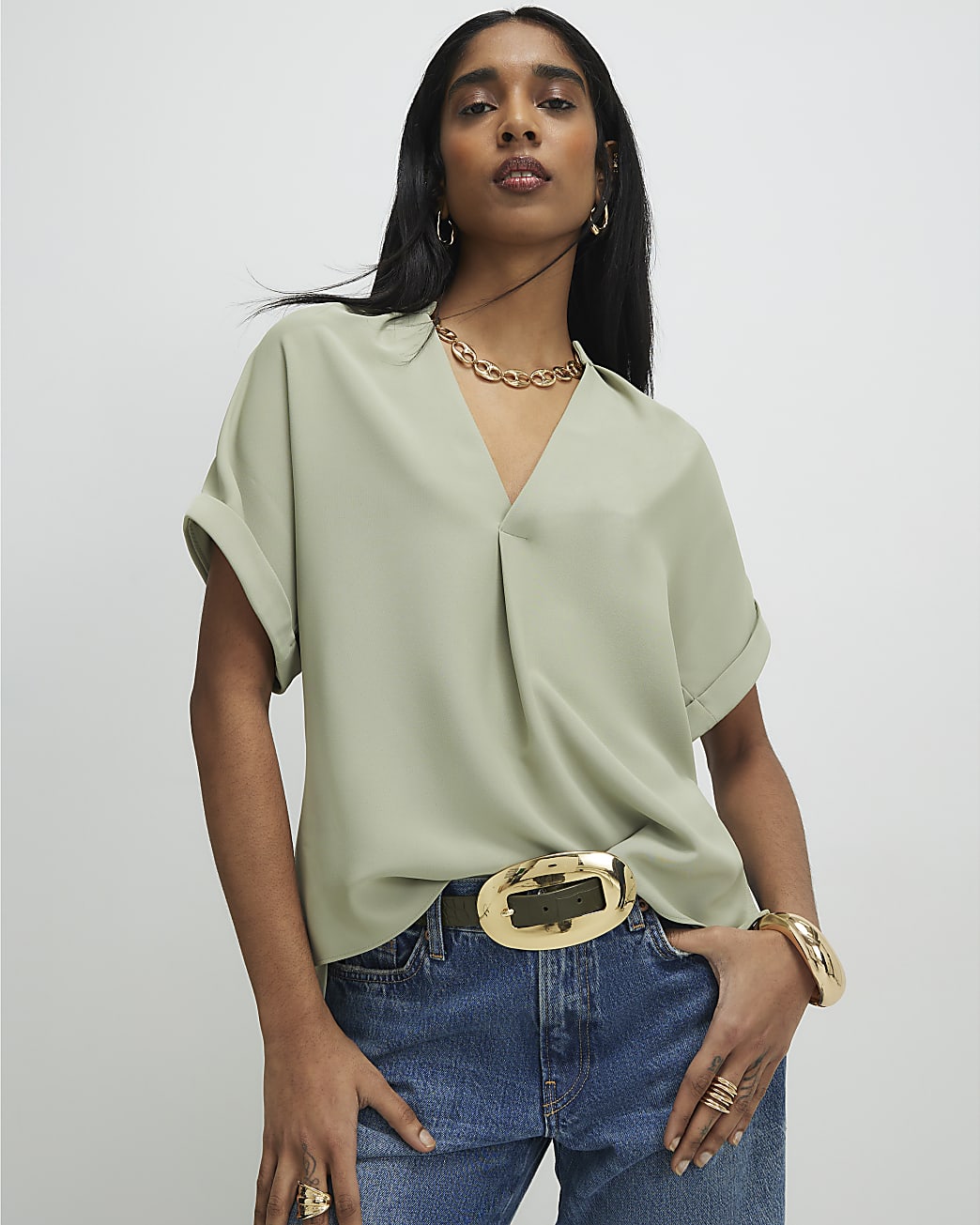 Womens Khaki Notch Neck Short Sleeve Top