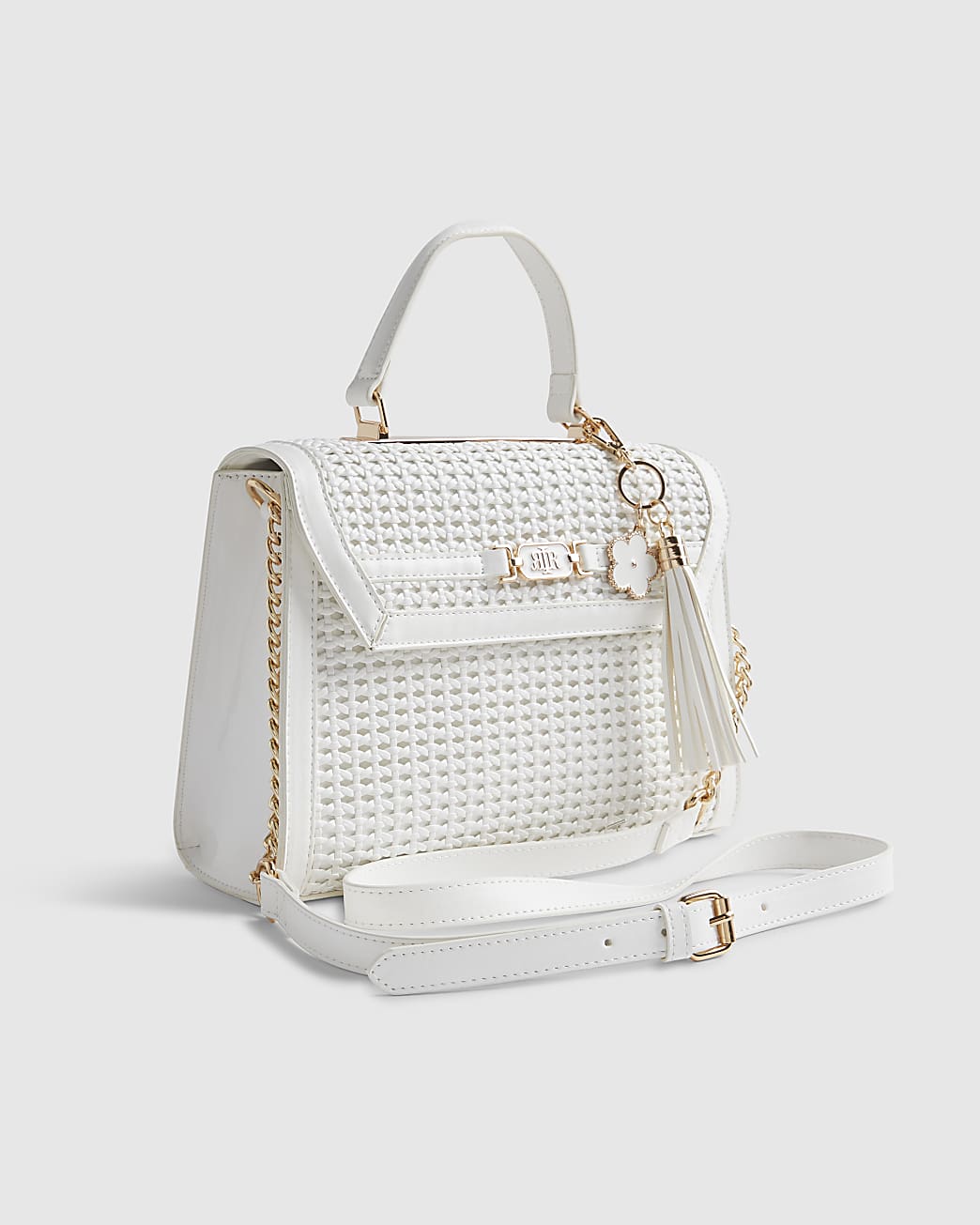 White Medium Woven Charm Tote Bag