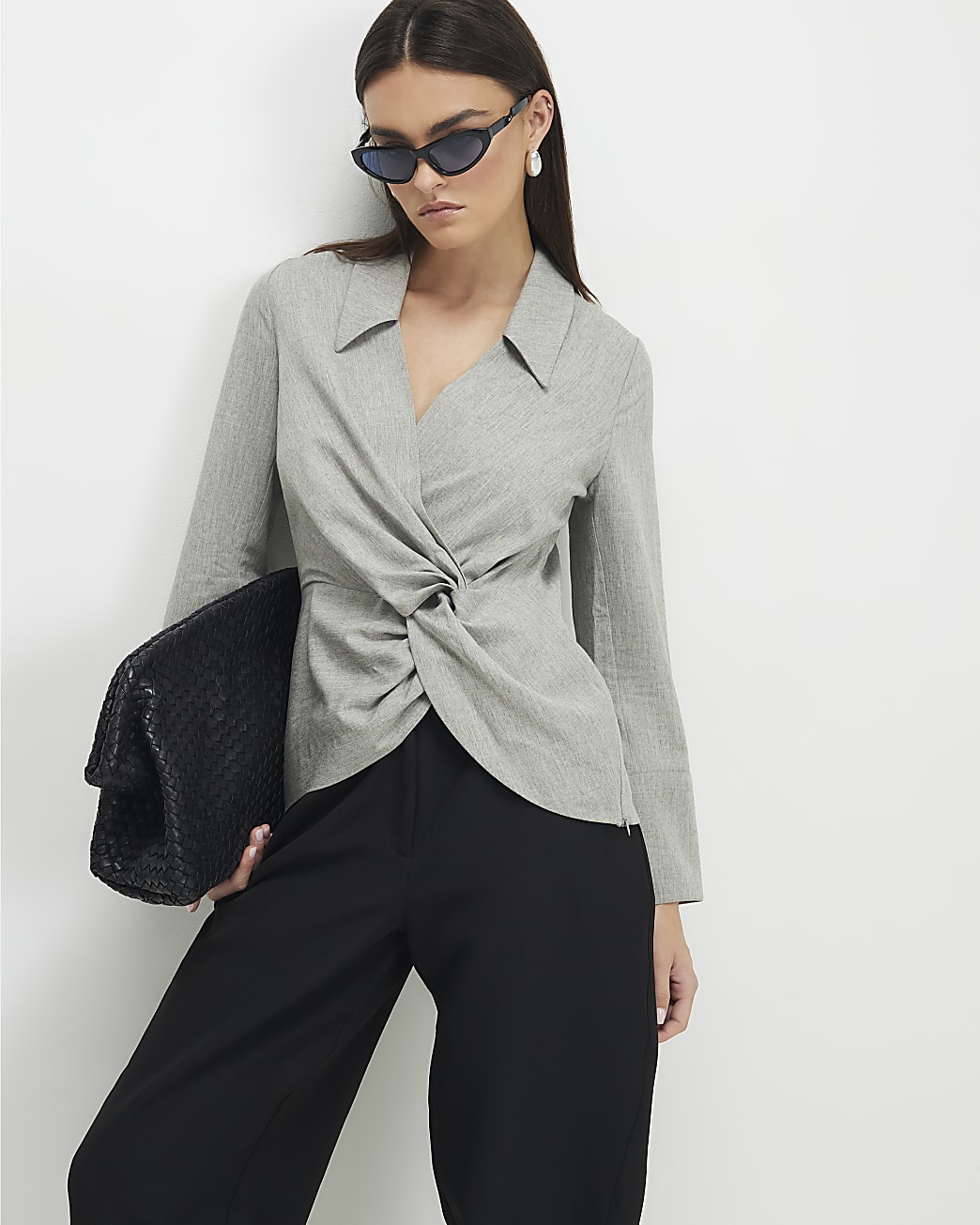 Womens Grey Long Sleeve Twisted Collared Top