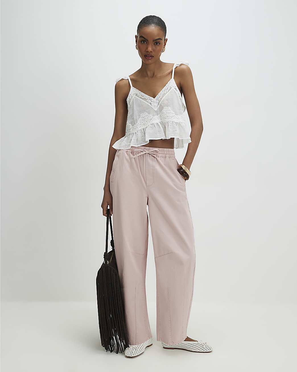 Pink Denim Elasticated Tapered Trousers