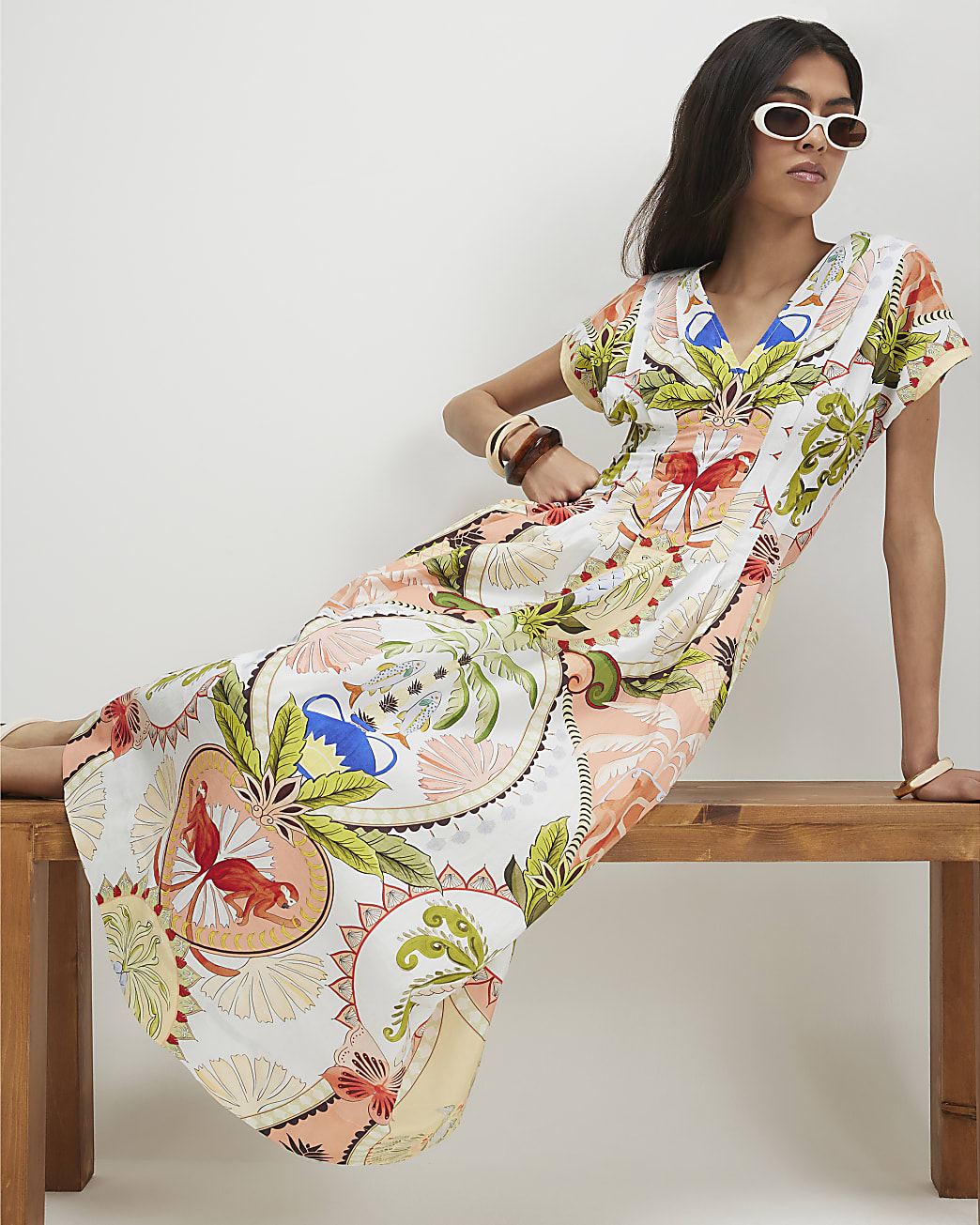 Blue Print Pleated Poplin Midi Dress