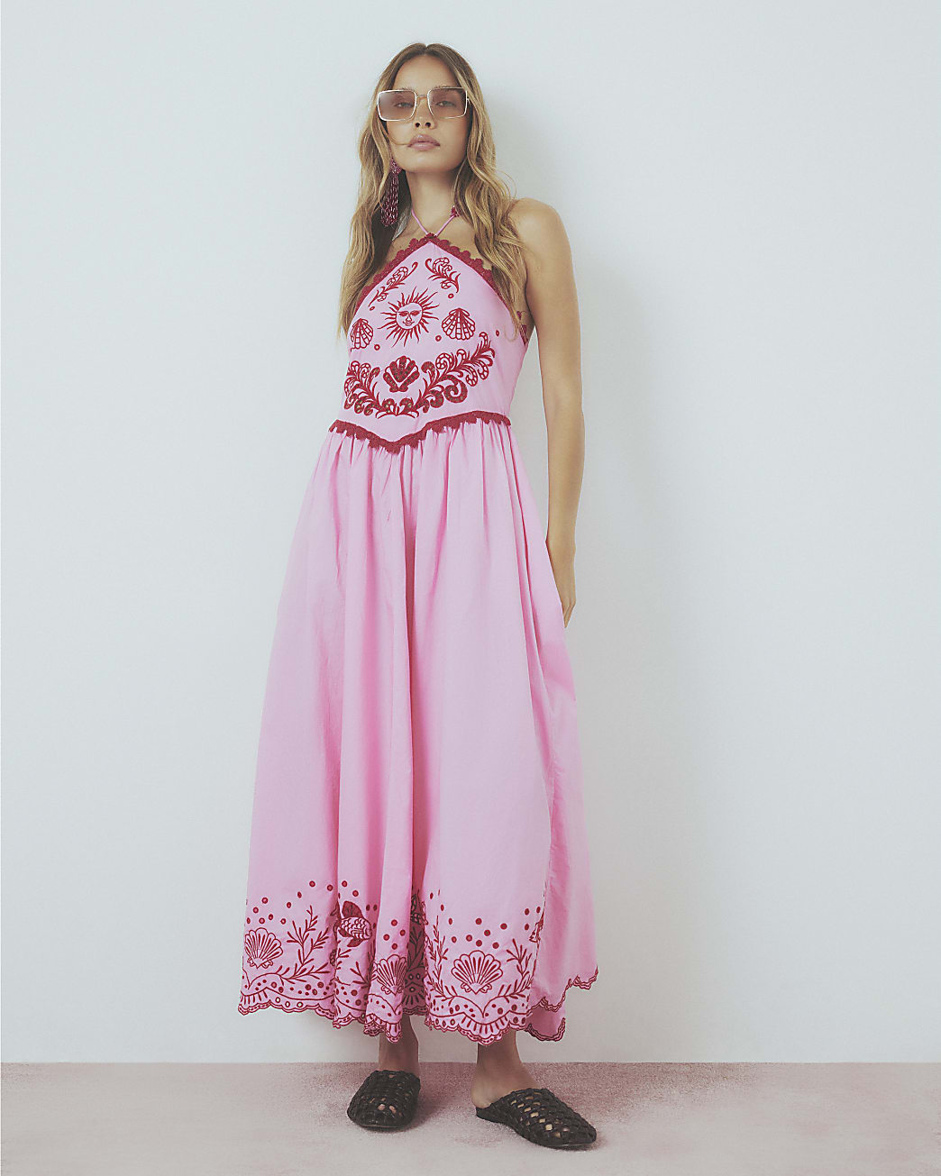 Womens Pink Halter Cutwork Hem Midi Dress