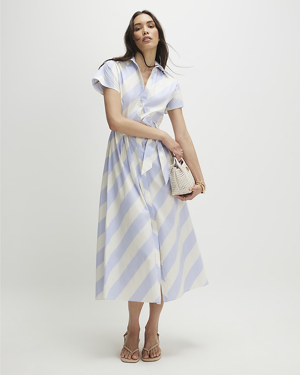 Blue Striped Midi Shirt Dress