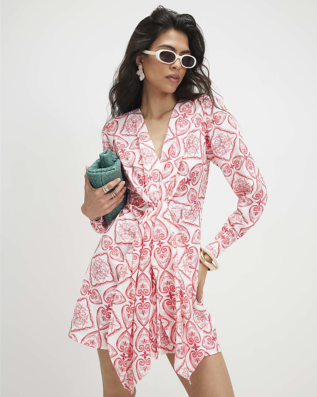 Womens Red Long Sleeve Twist Front Mini Dress