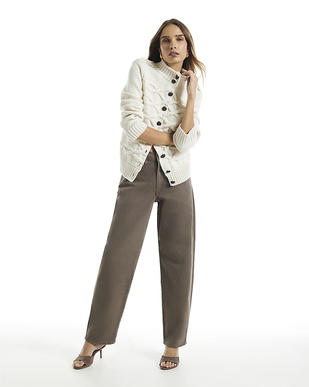 River Island Brown Mid Rise Barrel Leg Jeans